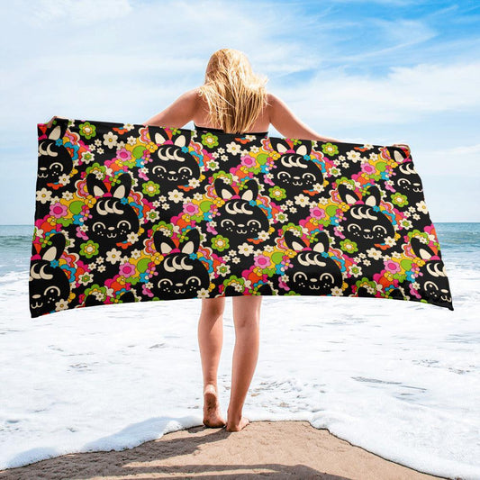 Towel - POPBUNNY black - Playful bunnies and flowers print Default Title