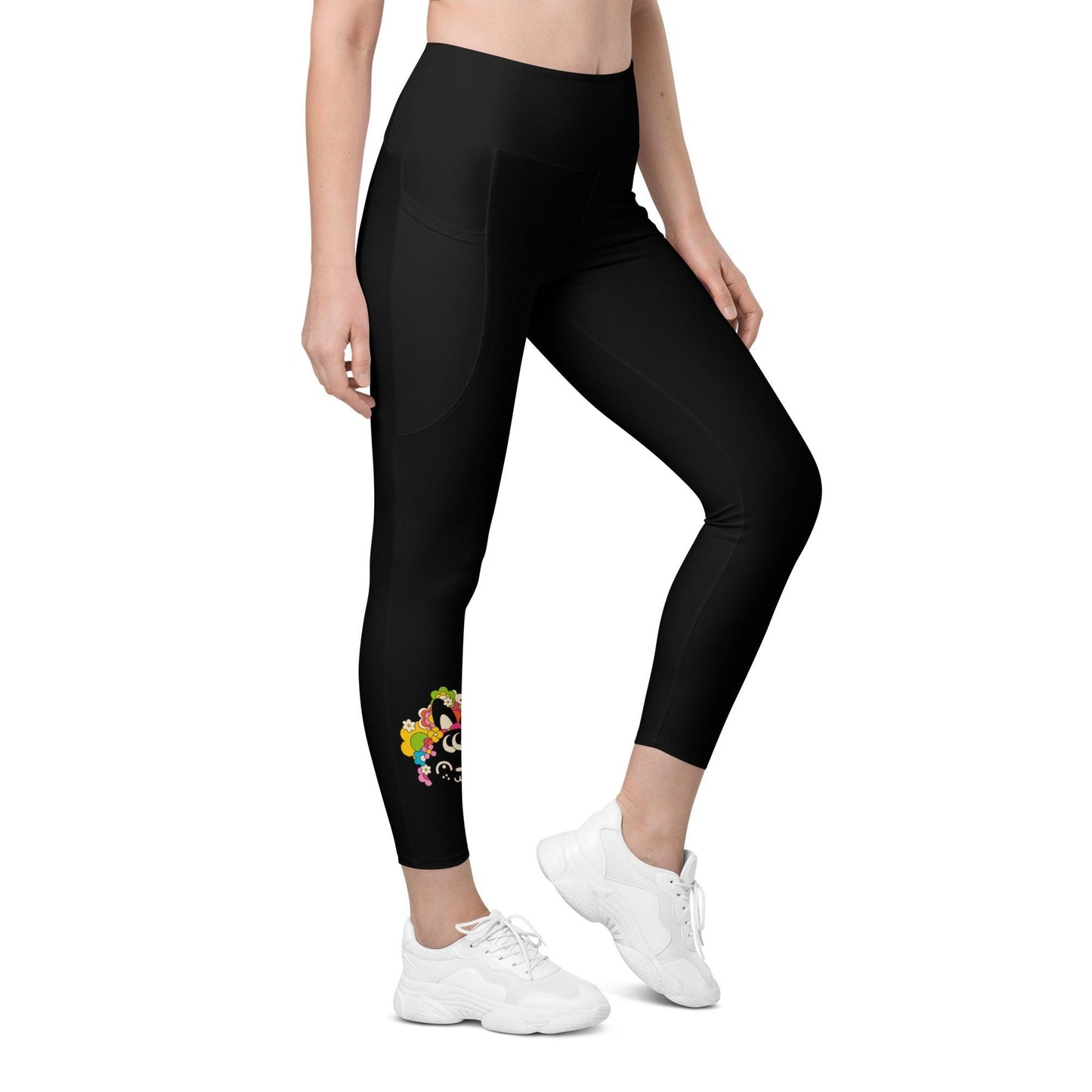 Leggings with pockets - POPBUNNY in black - Playful bunnies and flowers print 6XL