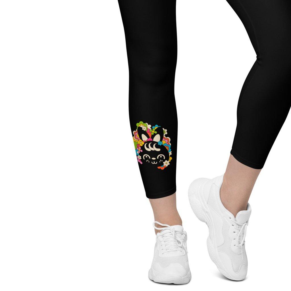 Leggings with pockets - POPBUNNY in black - Playful bunnies and flowers print