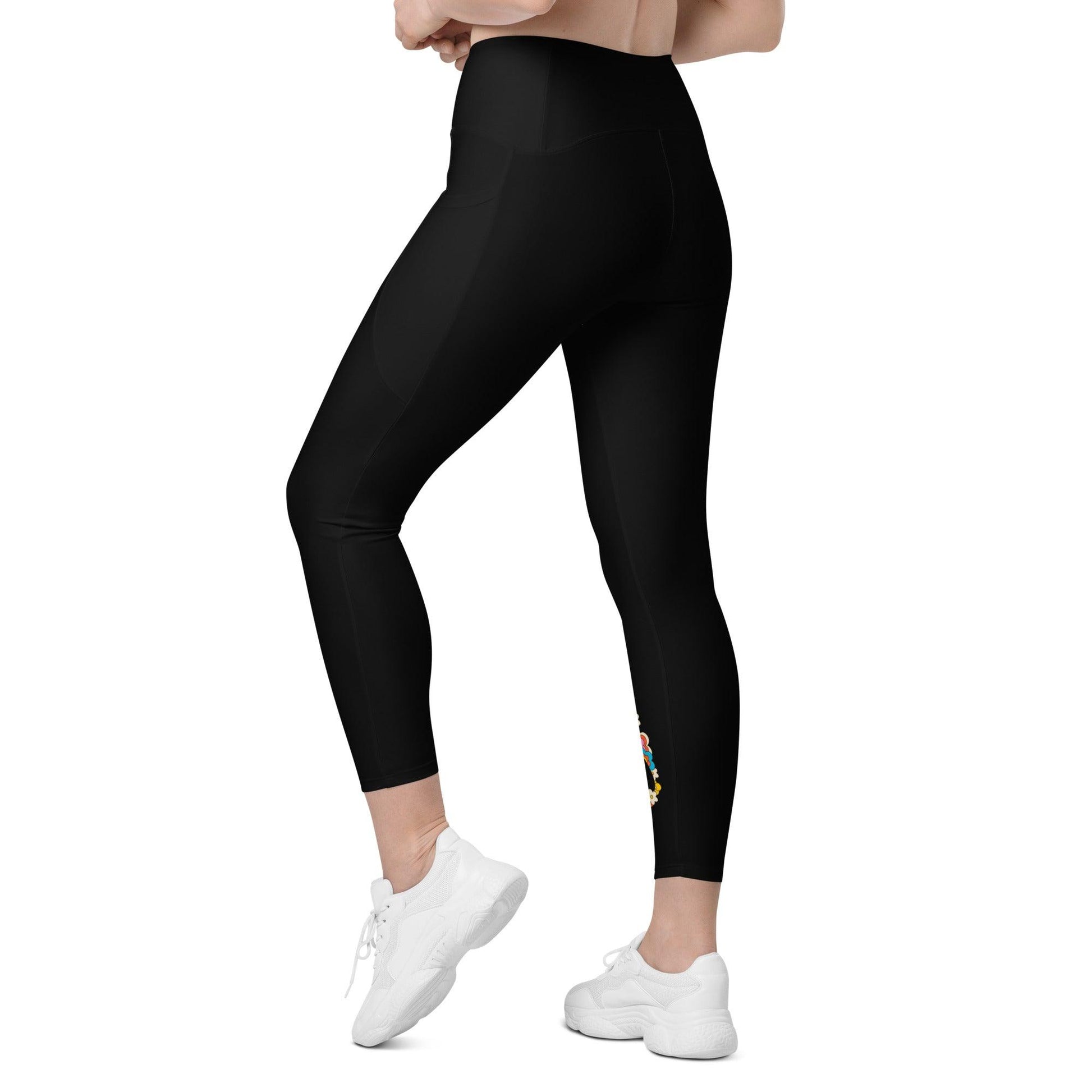 Leggings with pockets - POPBUNNY in black - Playful bunnies and flowers print