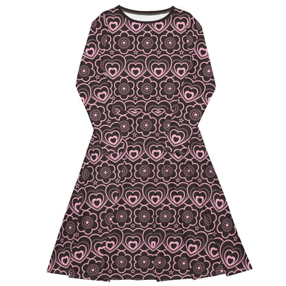 Midi dress - RAMONA pink brown - Simple hearts and flowers print 6XL