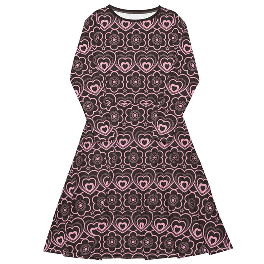Midi dress - RAMONA pink brown - Simple hearts and flowers print 6XL