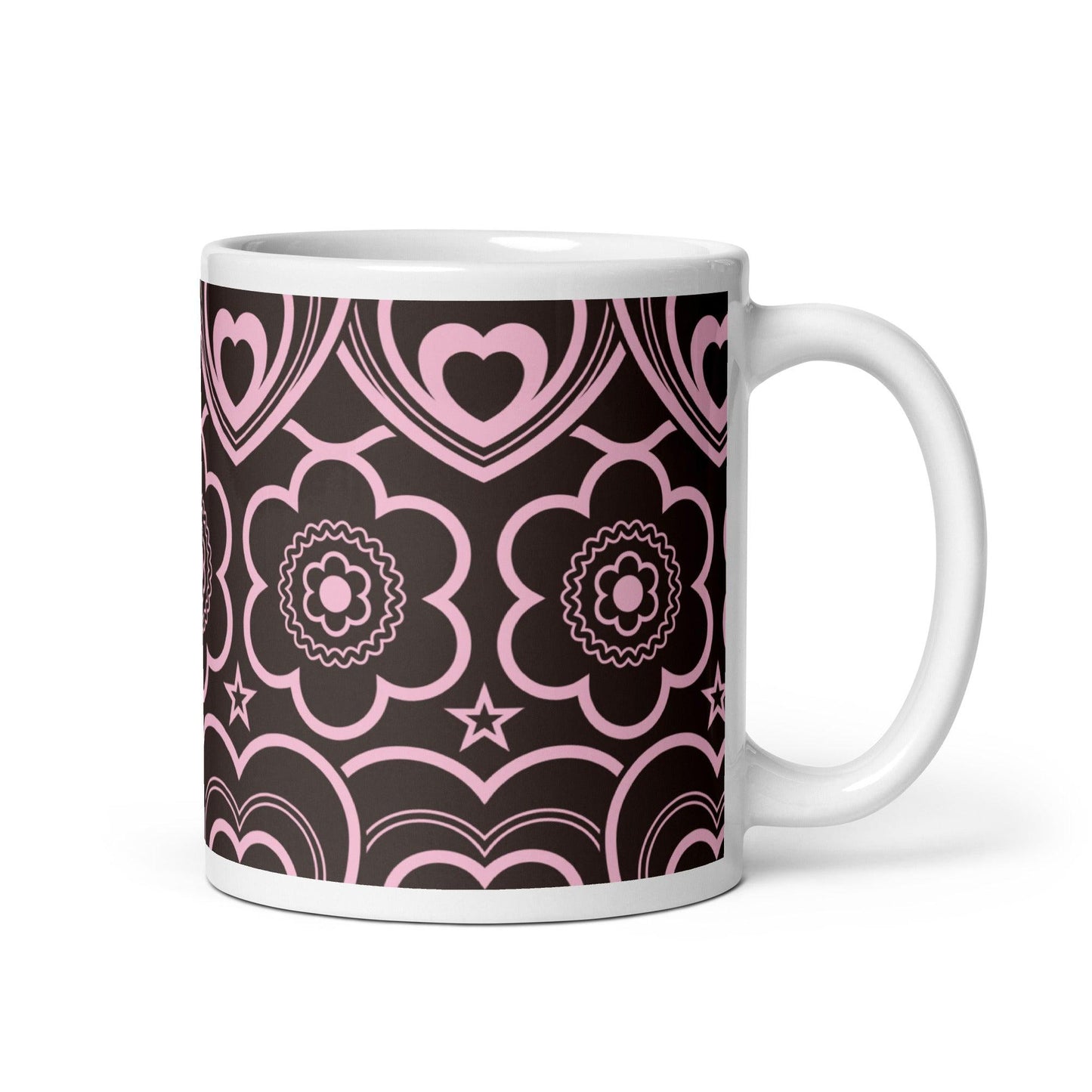 Mug - RAMONA pink brown - Simple hearts and flowers print 11 oz