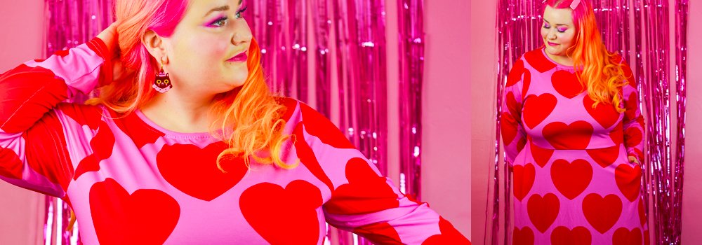 Lady in a colorful midi dress by SHALMIAK. Design: ELLIE LOVE red.