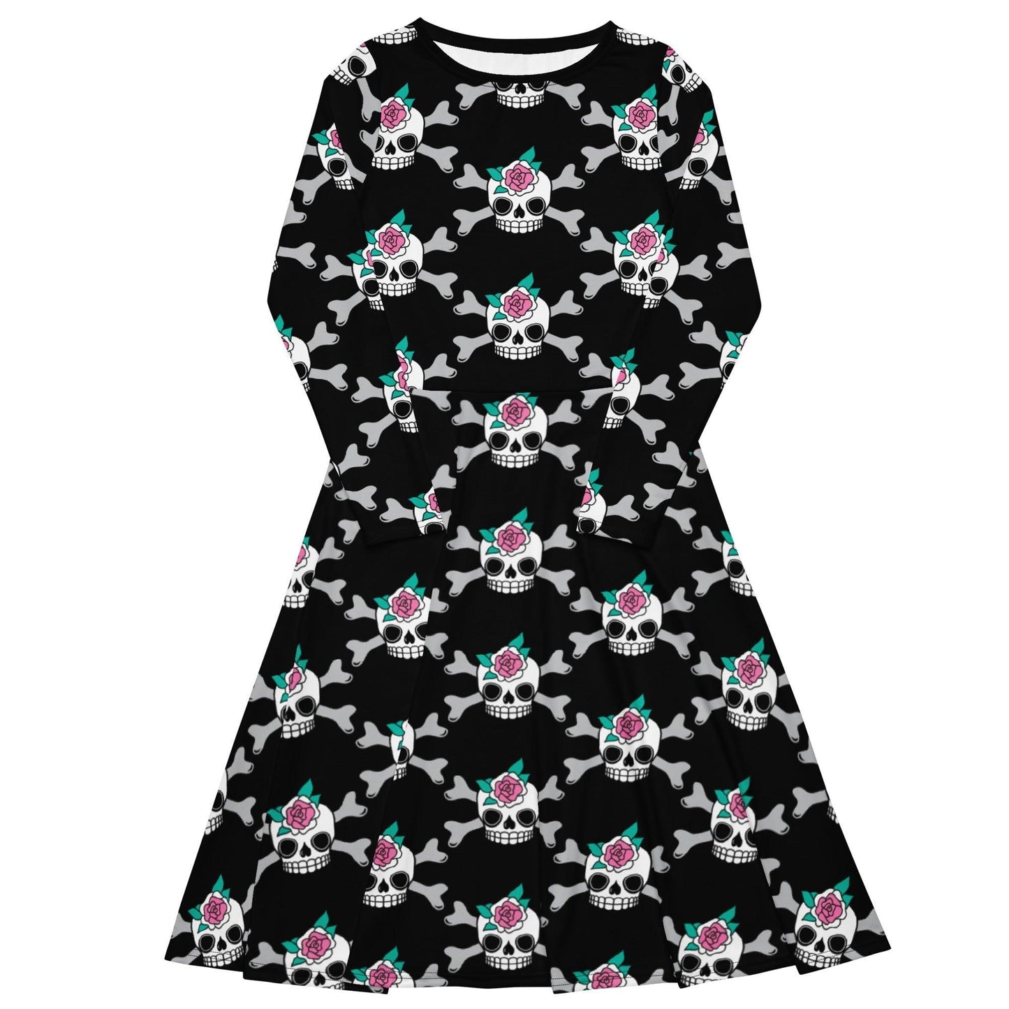 Midi dress - SKULLROSE black - Skulls and roses print 6XL