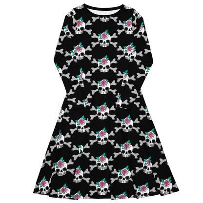 Midi dress - SKULLROSE black - Skulls and roses print 6XL