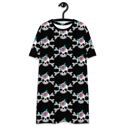 T-shirt dress - SKULLROSE black - Skulls and roses print 6XL