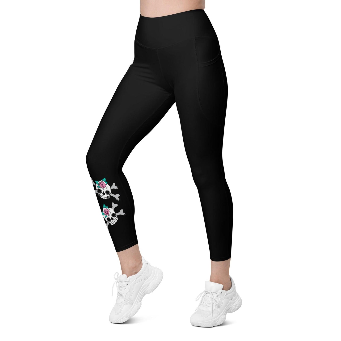 Leggings with pockets - SKULLROSE in black - Skulls and roses print
