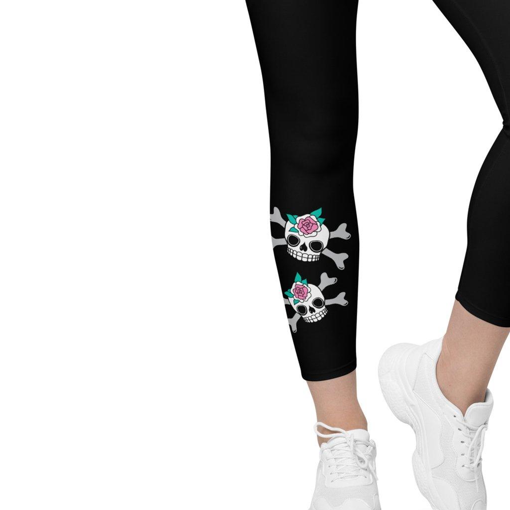 Leggings with pockets - SKULLROSE in black - Skulls and roses print