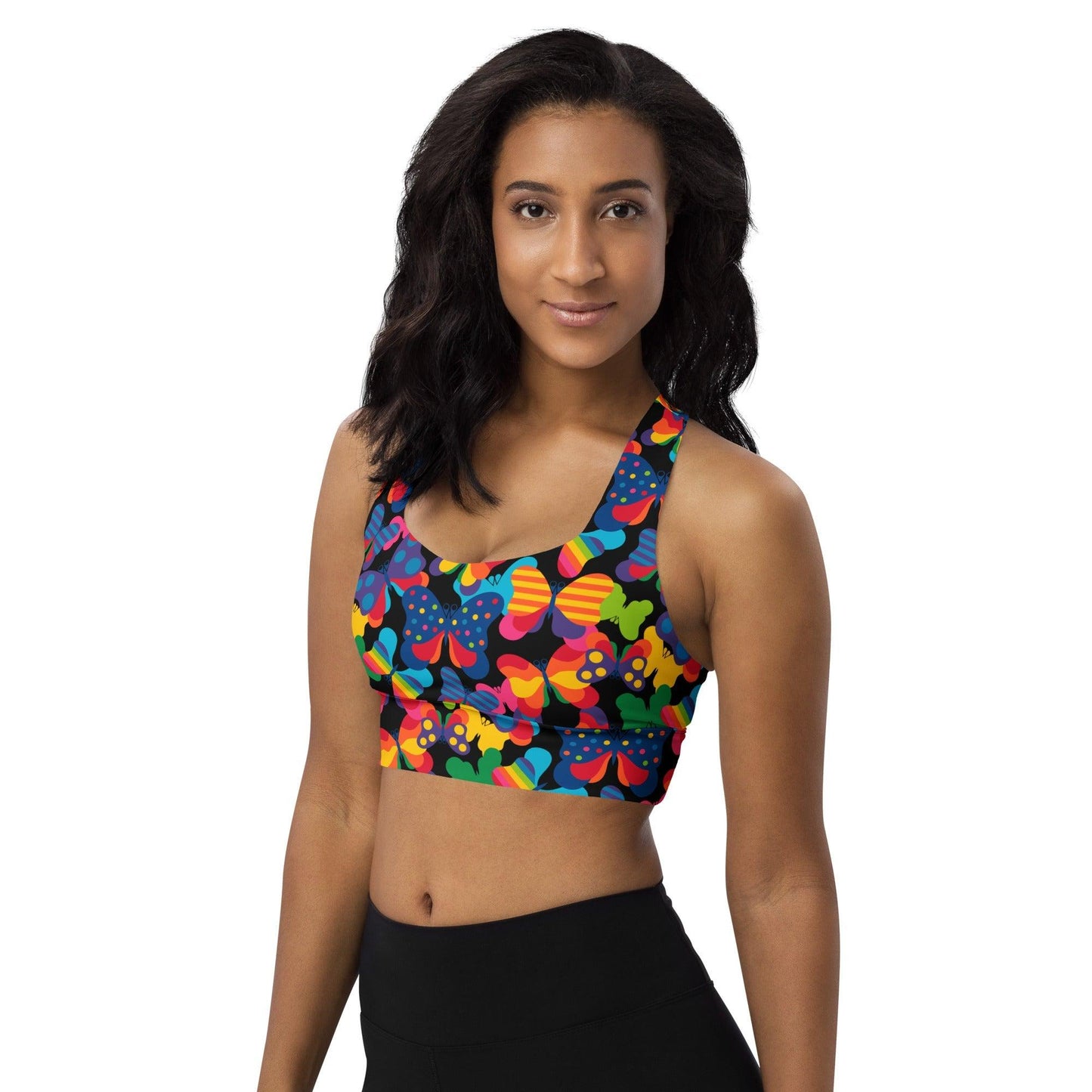 Sports bra - FLYRAVE black - Colorful butterfly print