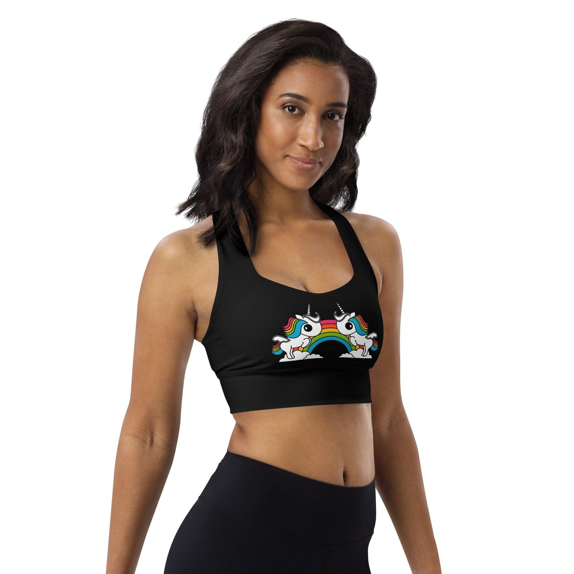 Sports bra - UNIQUE (just unicorns) black - Unicorns and rainbows print
