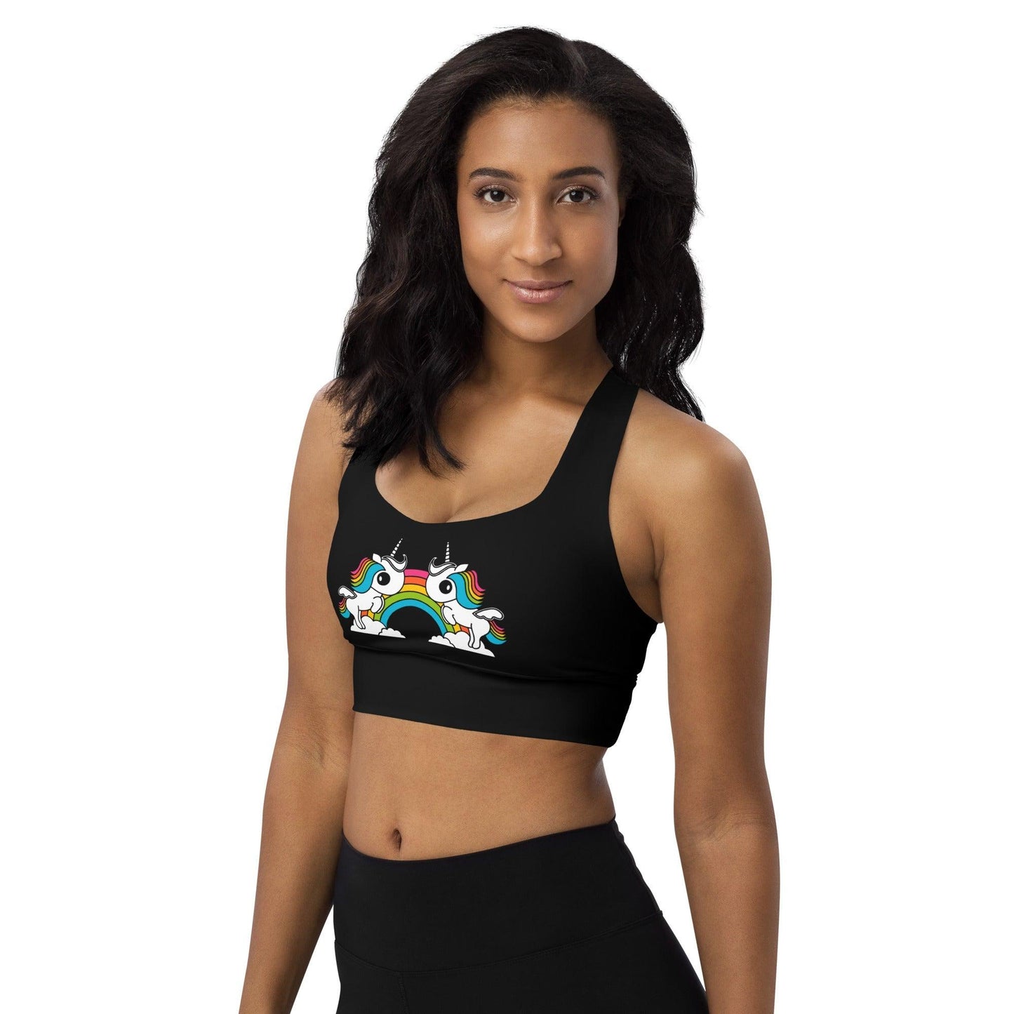 Sports bra - UNIQUE (just unicorns) black - Unicorns and rainbows print