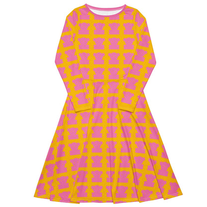 Midi dress - SWEET TEDDY pink yellow - Cute teddy bear print 6XL