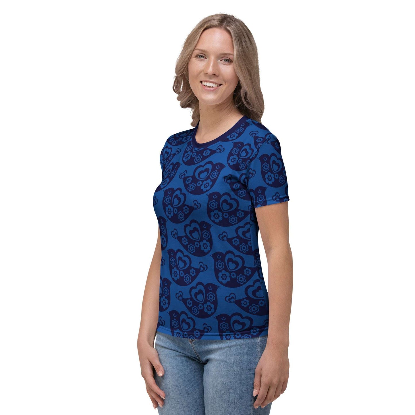 Woman's T-shirt - TWEET LOVE dark blue - Birds and hearts print