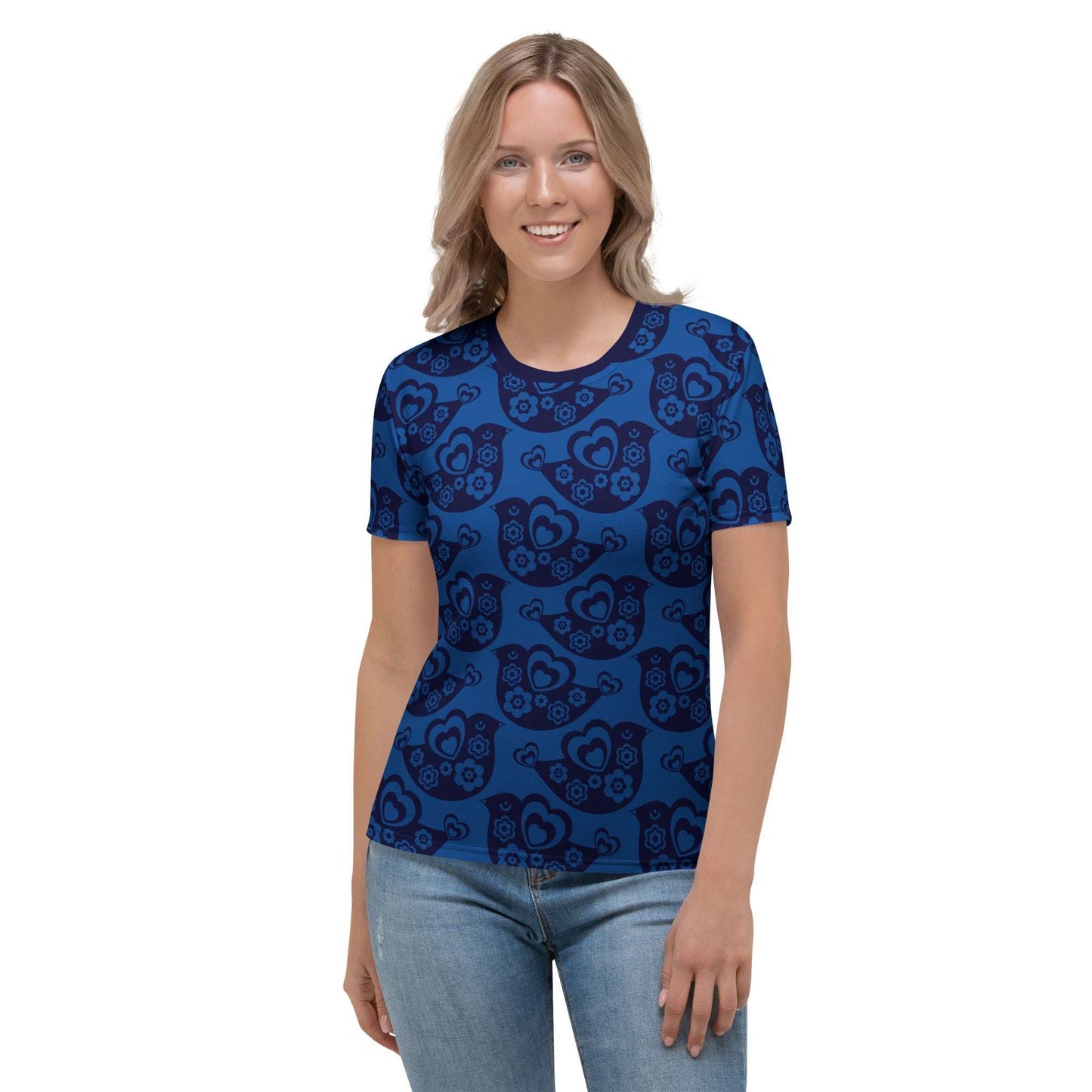 Woman's T-shirt - TWEET LOVE dark blue - Birds and hearts print