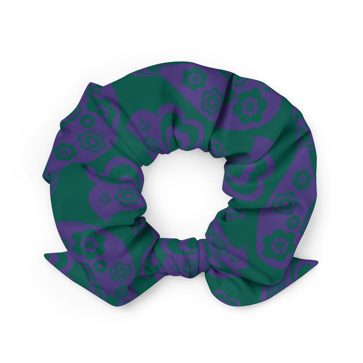 Scrunchie - TWEET LOVE green purple - Birds and hearts print