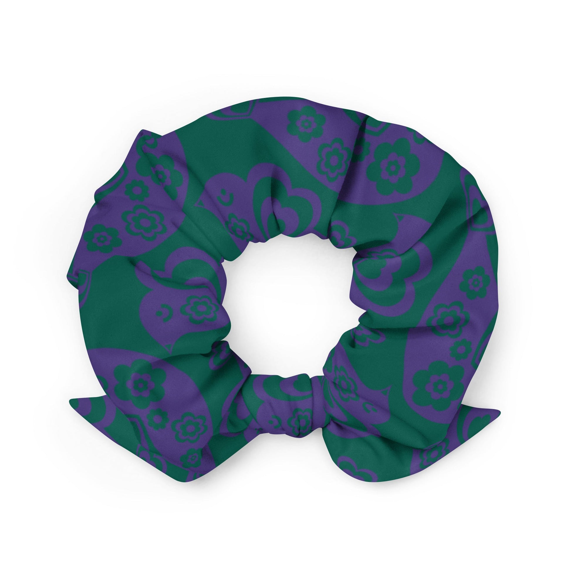 Scrunchie - TWEET LOVE green purple - Birds and hearts print