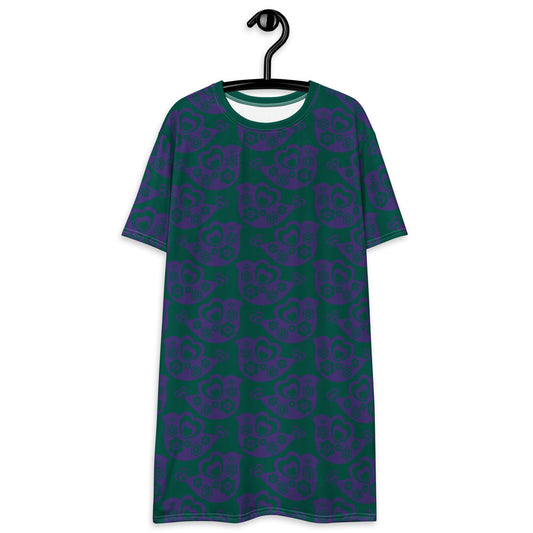 T-shirt dress - TWEET LOVE green purple - Birds and hearts print 6XL