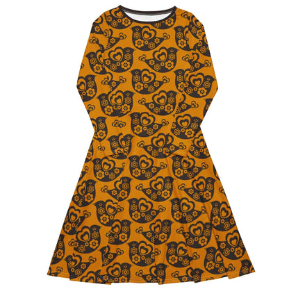 Midi dress - TWEET LOVE orange brown - Birds and hearts print 6XL