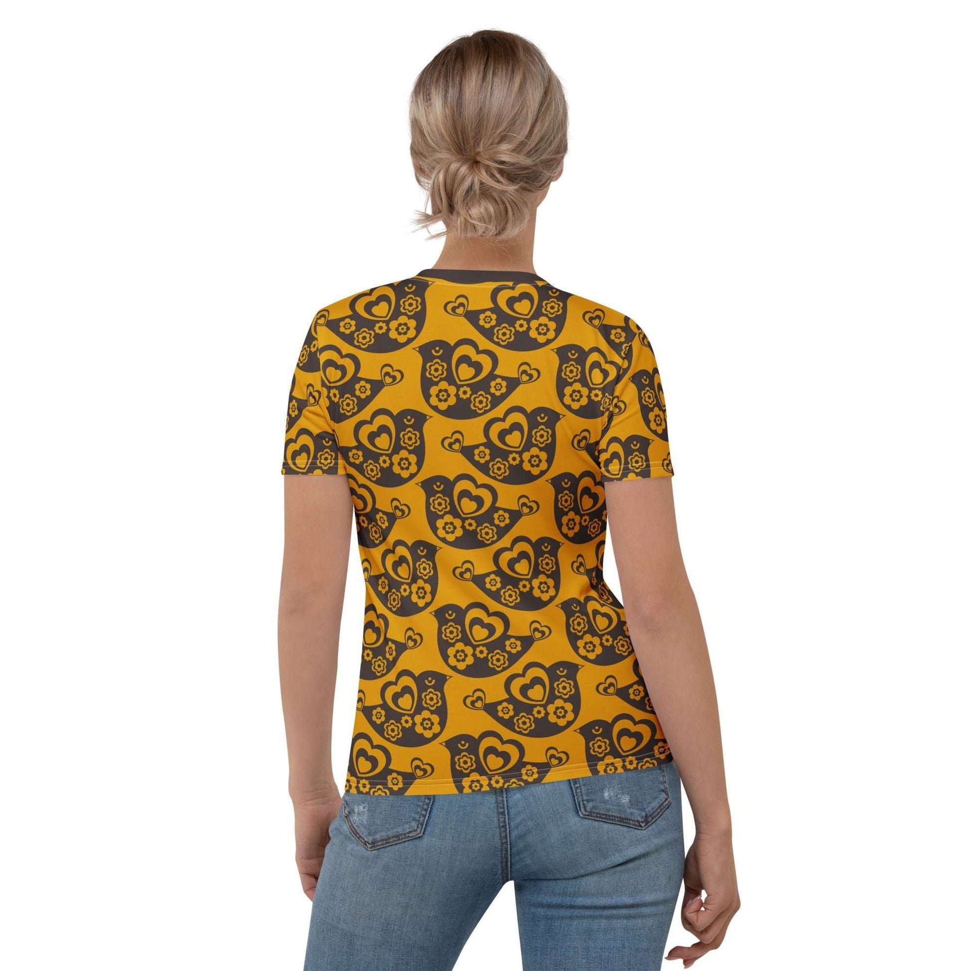 Woman's T-shirt - TWEET LOVE orange brown - Birds and hearts print