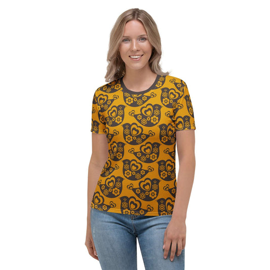 Woman's T-shirt - TWEET LOVE orange brown - Birds and hearts print