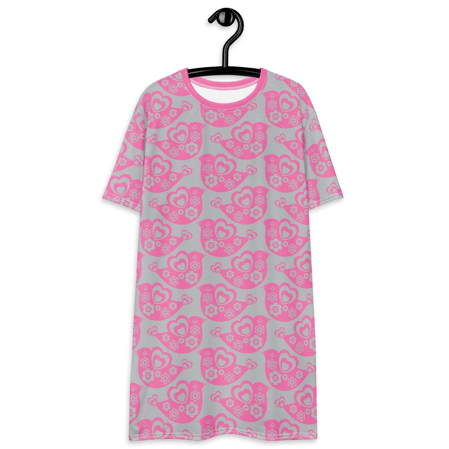 T-shirt dress - TWEET LOVE pink grey - Birds and hearts print 6XL