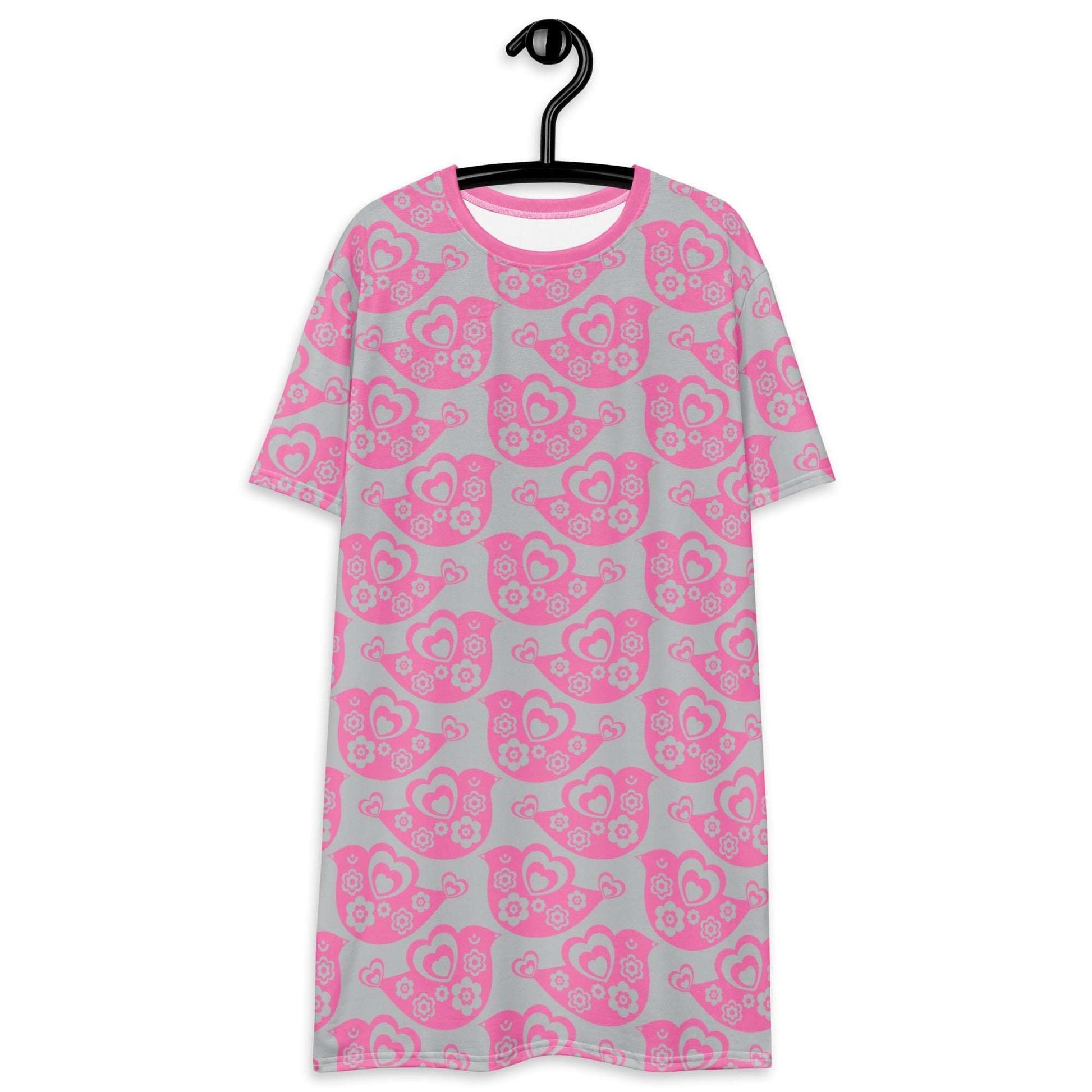 T-shirt dress - TWEET LOVE pink grey - Birds and hearts print 6XL