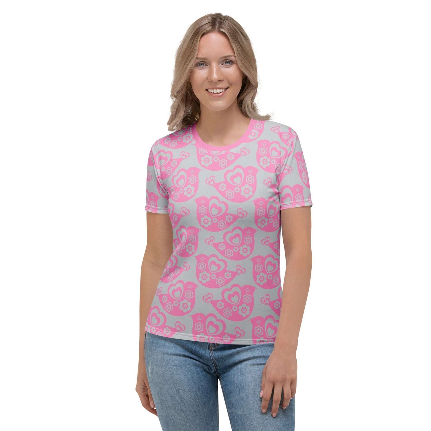 Woman's T-shirt - TWEET LOVE pink grey - Birds and hearts print