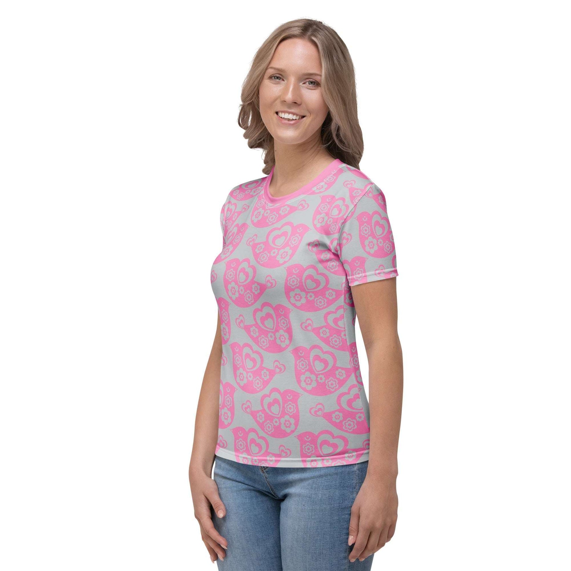 Woman's T-shirt - TWEET LOVE pink grey - Birds and hearts print