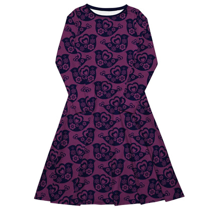 Midi dress - TWEET LOVE plum - Birds and hearts print 6XL
