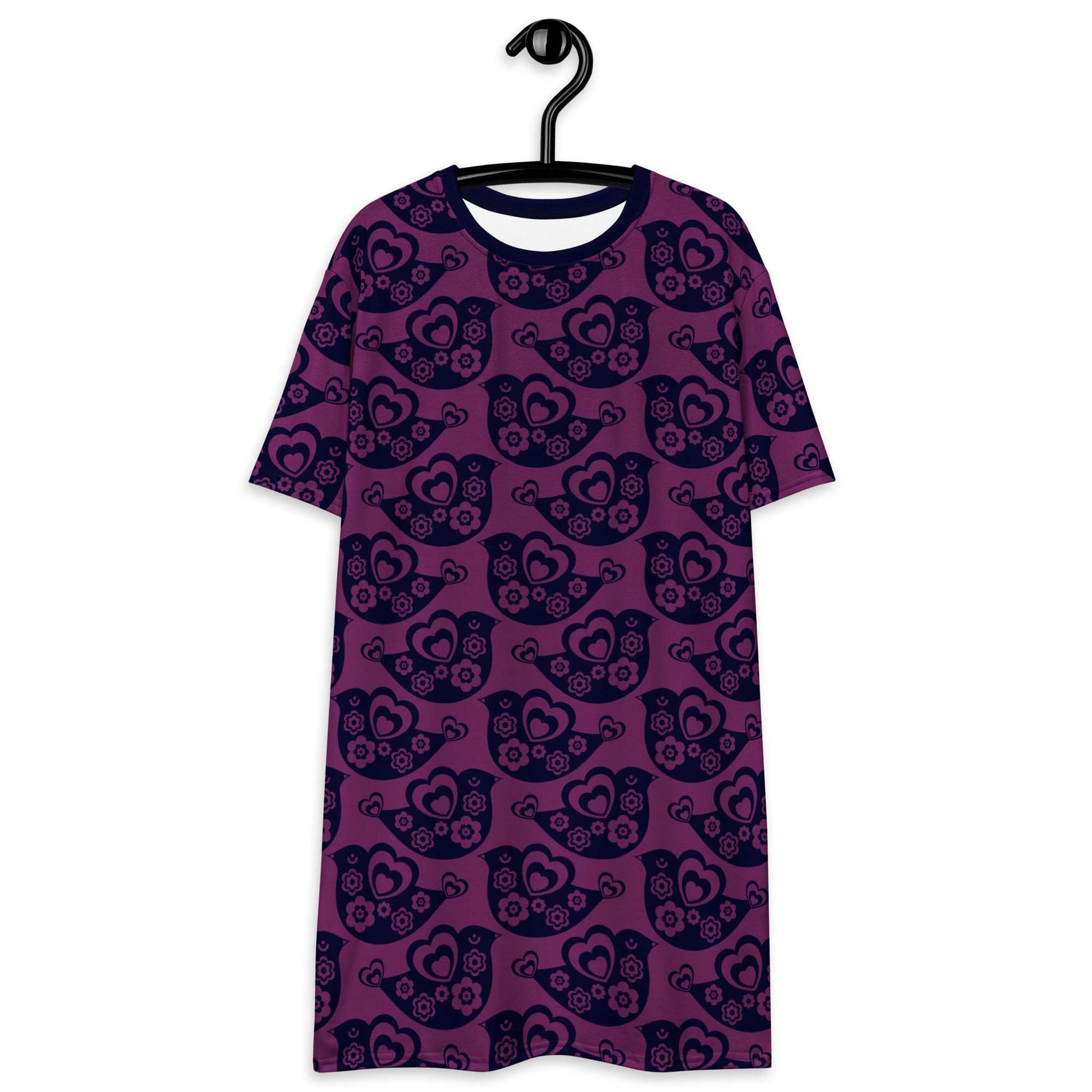 T-shirt dress - TWEET LOVE plum - Birds and hearts print 6XL