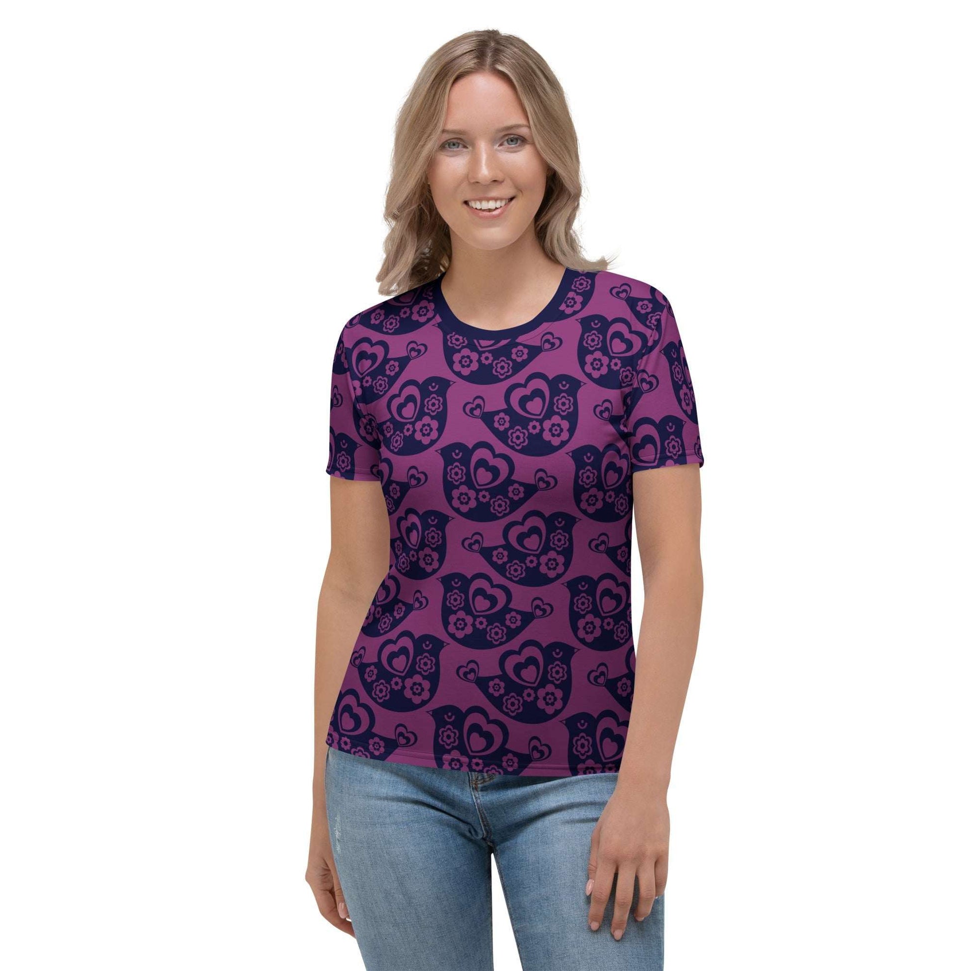 Woman's T-shirt - TWEET LOVE plum - Birds and hearts print