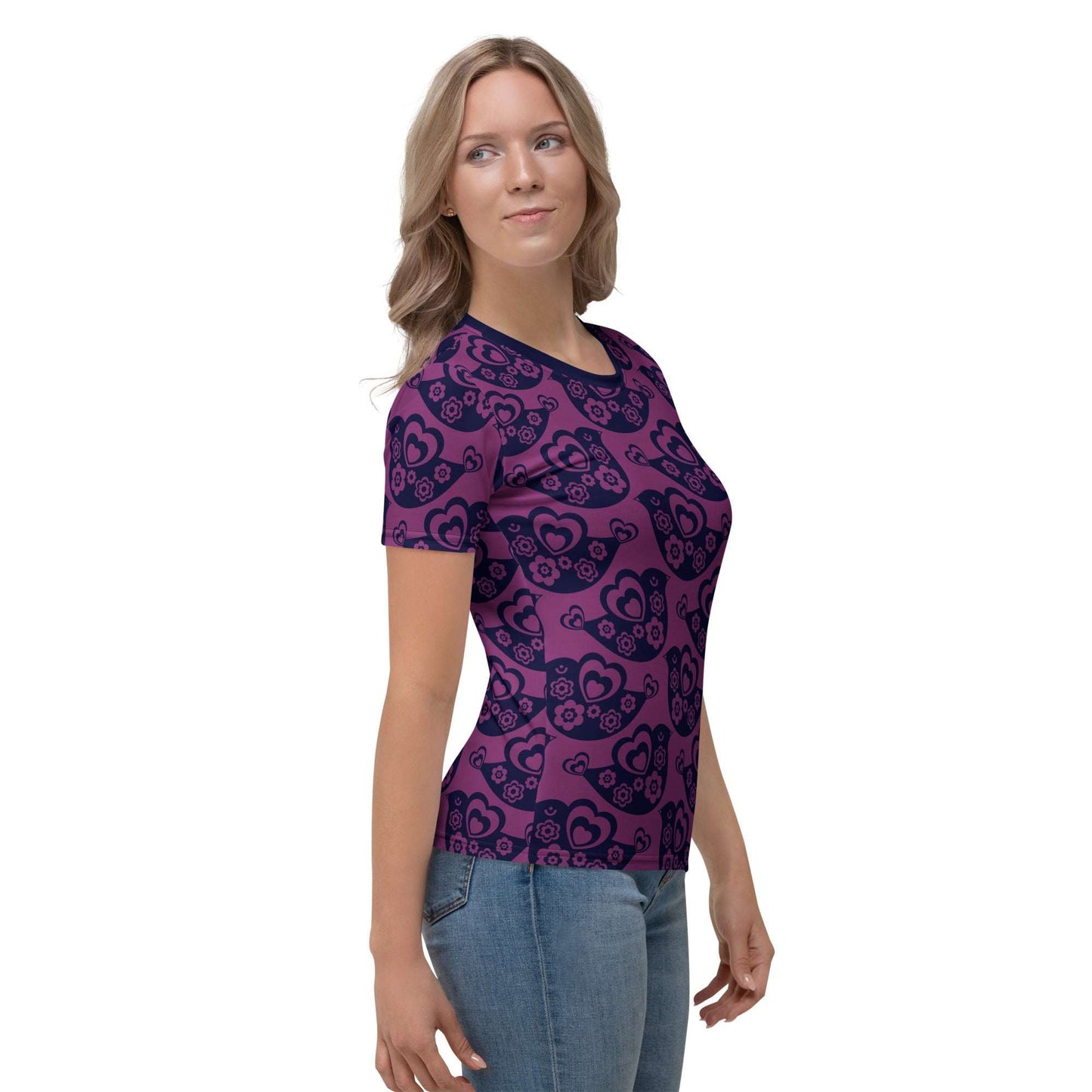 Woman's T-shirt - TWEET LOVE plum - Birds and hearts print