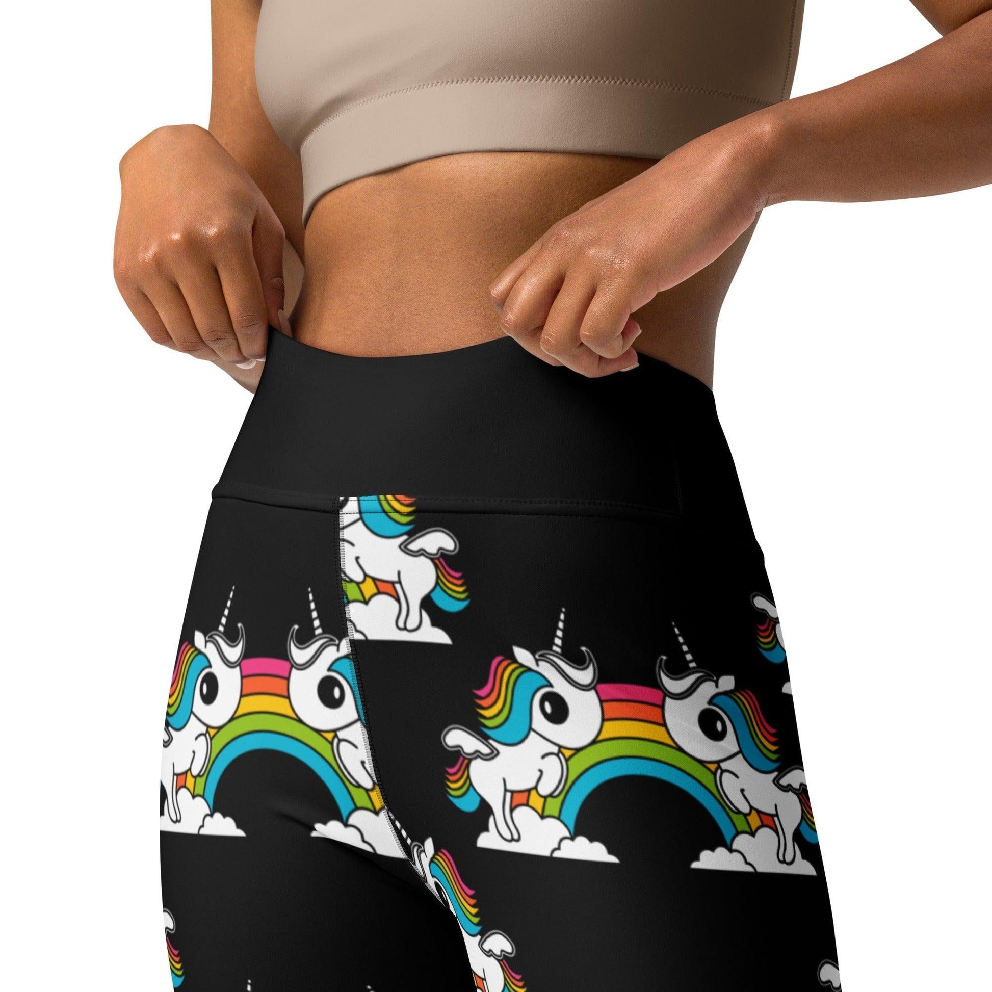Yoga leggings -2- UNIQUE black - Unicorns and rainbows print