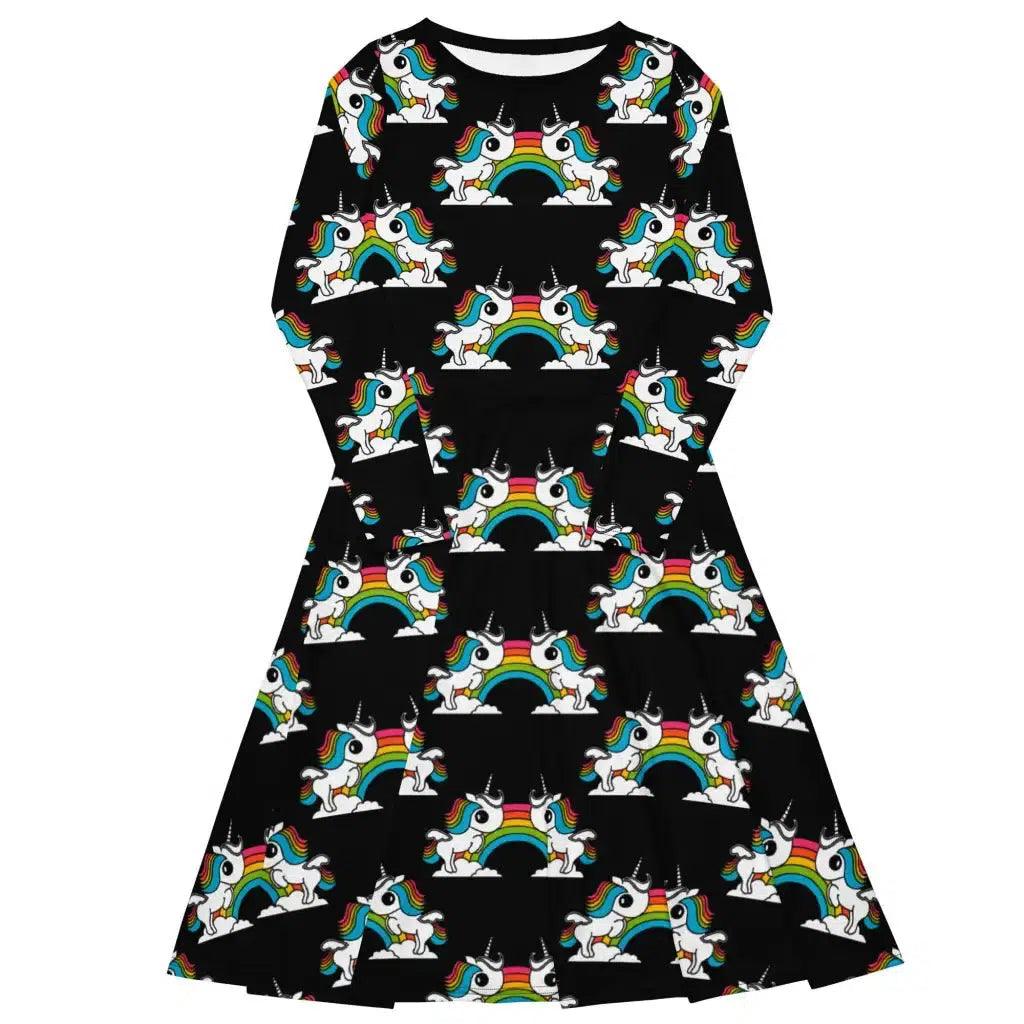 Midi dress - UNIQUE black - Unicorns and rainbows print