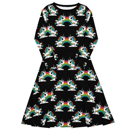 Midi dress - UNIQUE black - Unicorns and rainbows print