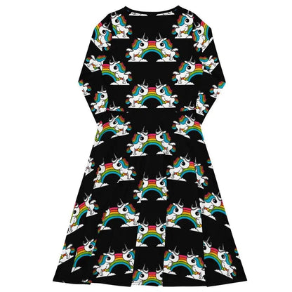 Midi dress - UNIQUE black - Unicorns and rainbows print