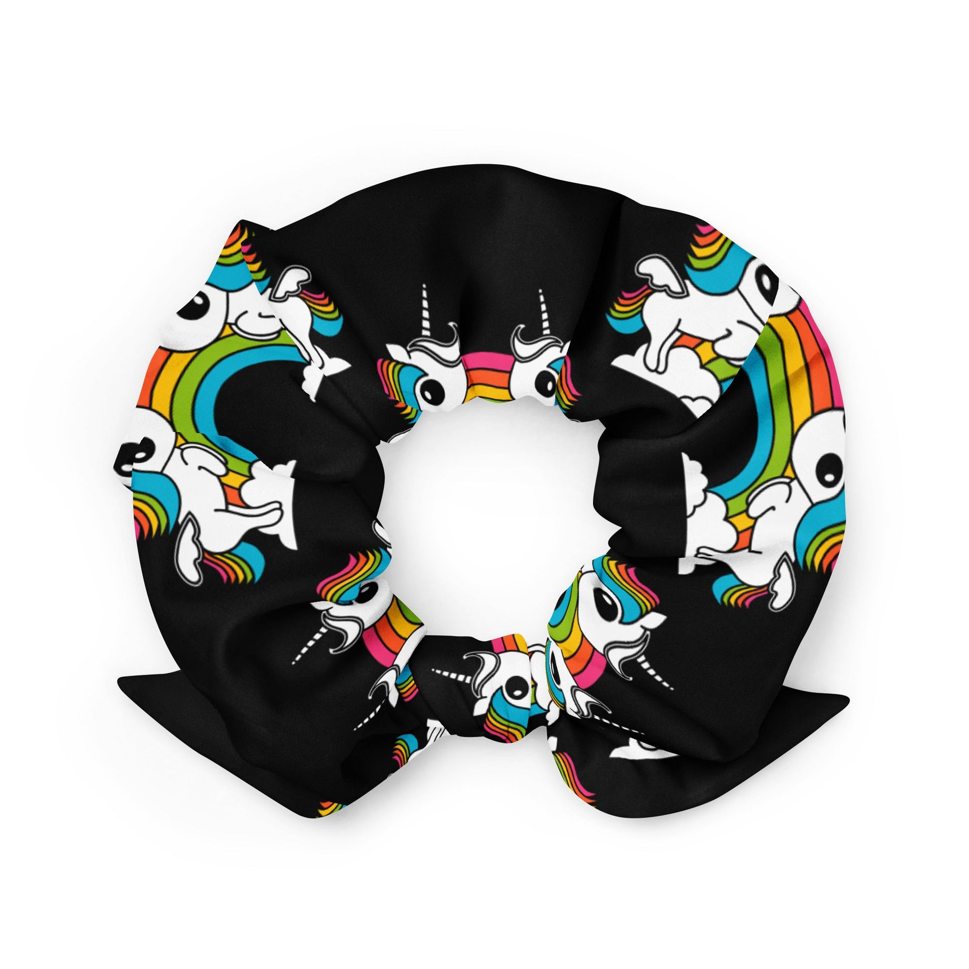 Scrunchie - UNIQUE black - Unicorns and rainbows print