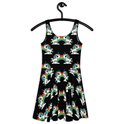 Skater dress - UNIQUE black - Unicorns and rainbows print