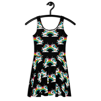 Skater dress - UNIQUE black - Unicorns and rainbows print 3XL