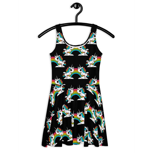 Skater dress - UNIQUE black - Unicorns and rainbows print 3XL