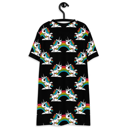 T-shirt dress - UNIQUE black - Unicorns and rainbows print
