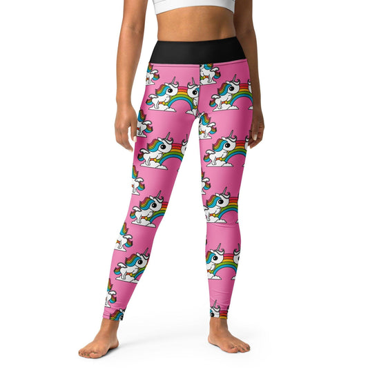 Yoga leggings -2- UNIQUE pink - Unicorns and rainbows print XL