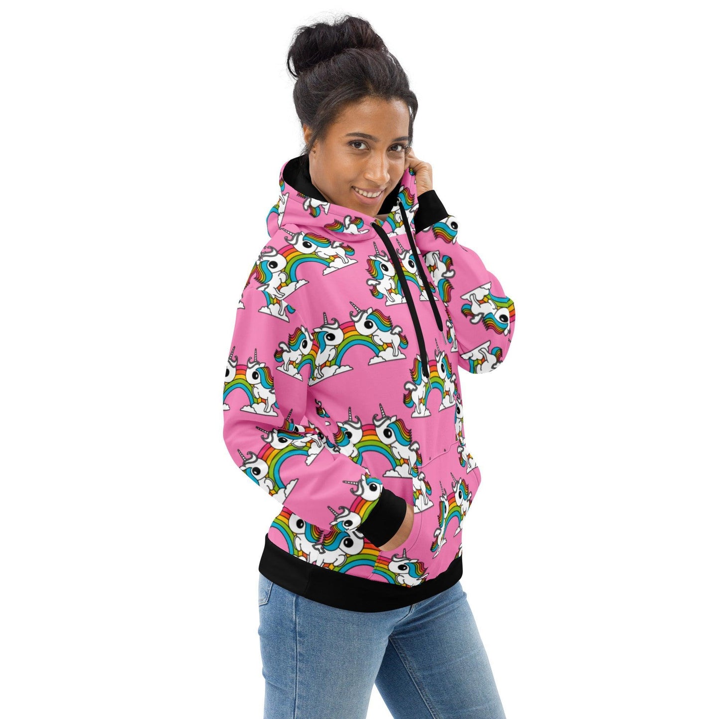 Hoodie - UNIQUE pink - Unicorns and rainbows print
