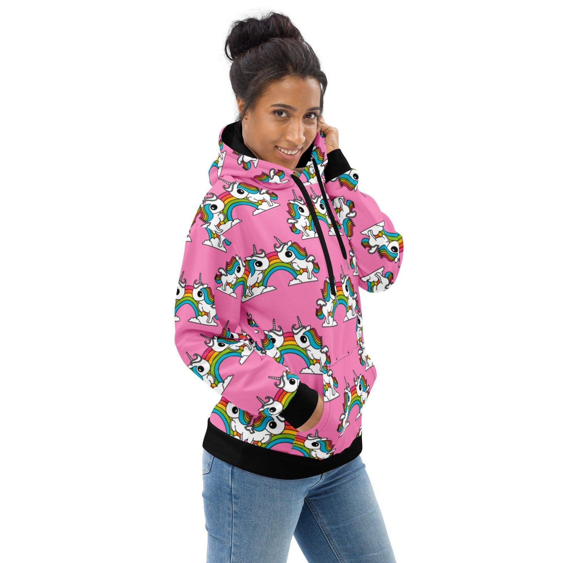 Hoodie - UNIQUE pink - Unicorns and rainbows print