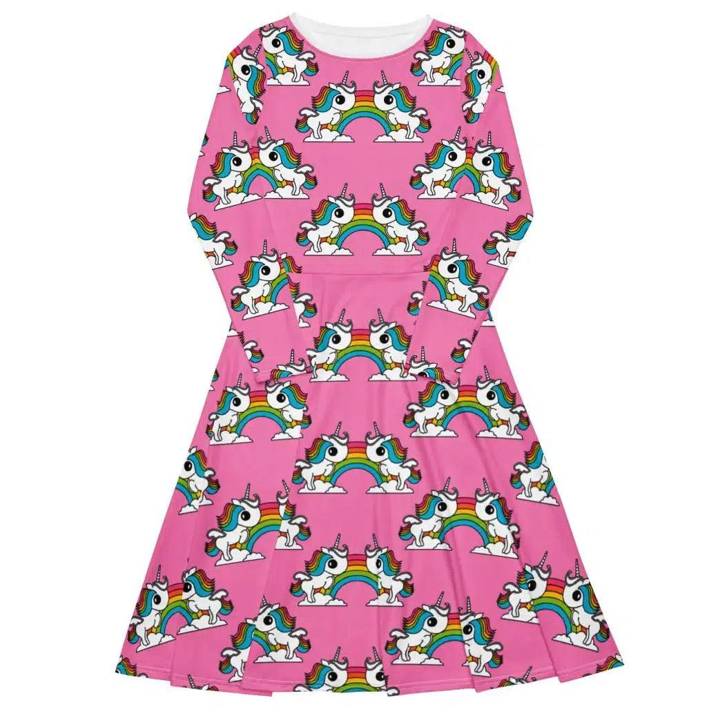 Midi dress - UNIQUE pink - Unicorns and rainbows print