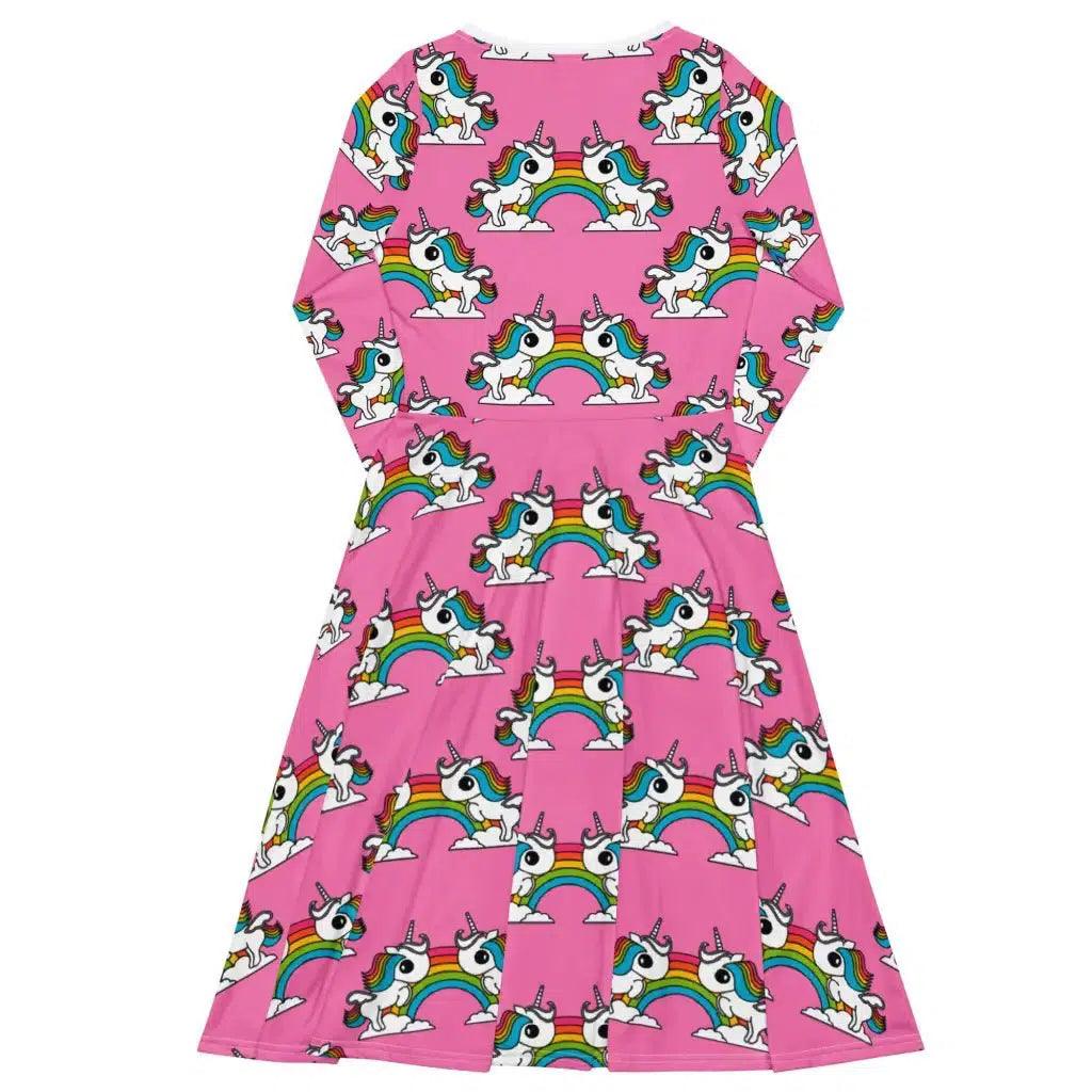 Midi dress - UNIQUE pink - Unicorns and rainbows print