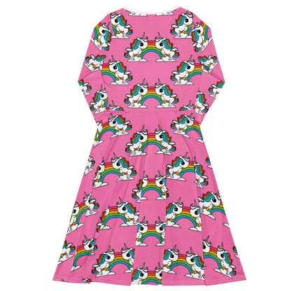 Midi dress - UNIQUE pink - Unicorns and rainbows print