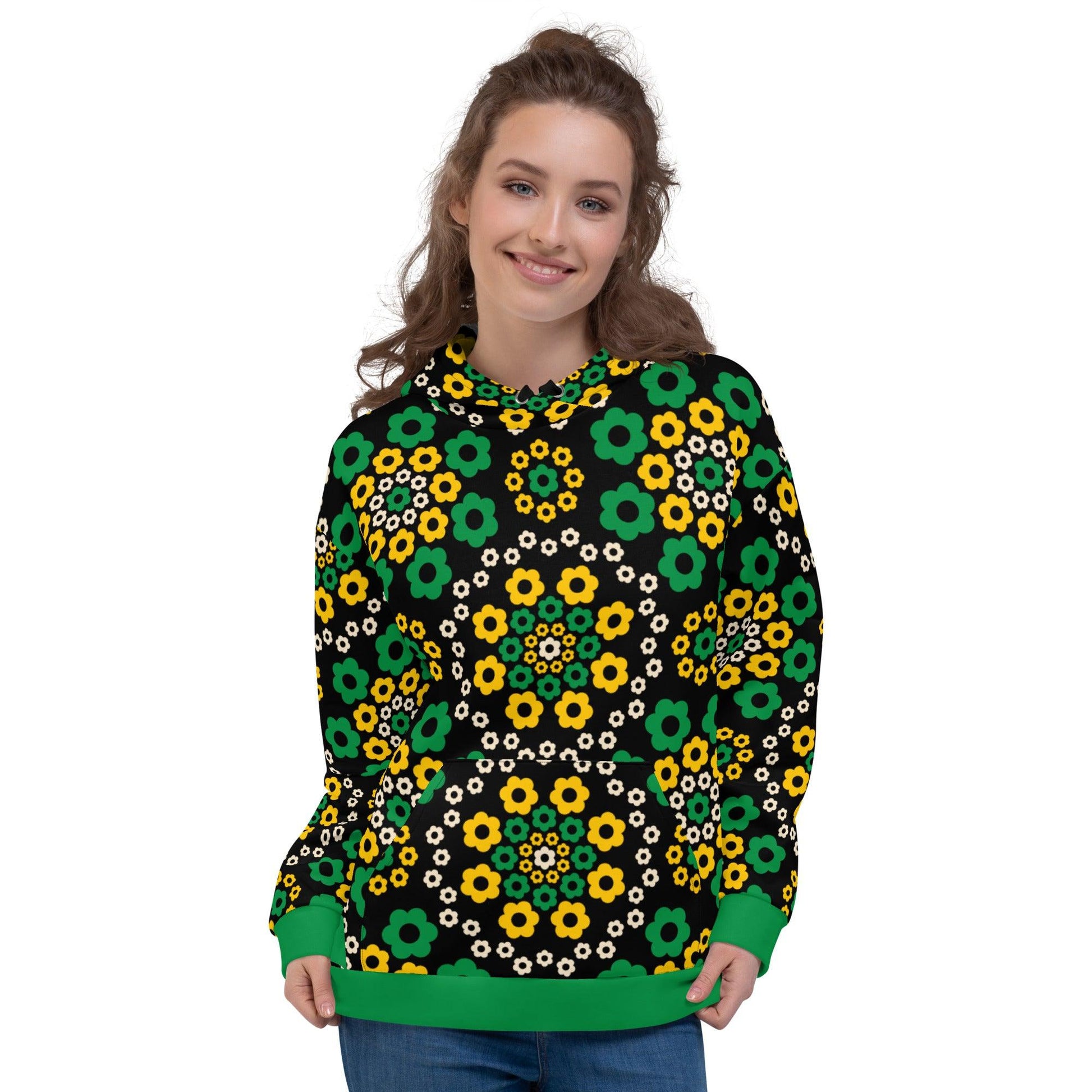 Hoodie - YESTERDAY green - Graphic retro floral print 6XL