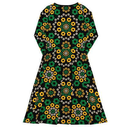 Midi dress - YESTERDAY yellow green - Graphic retro floral print